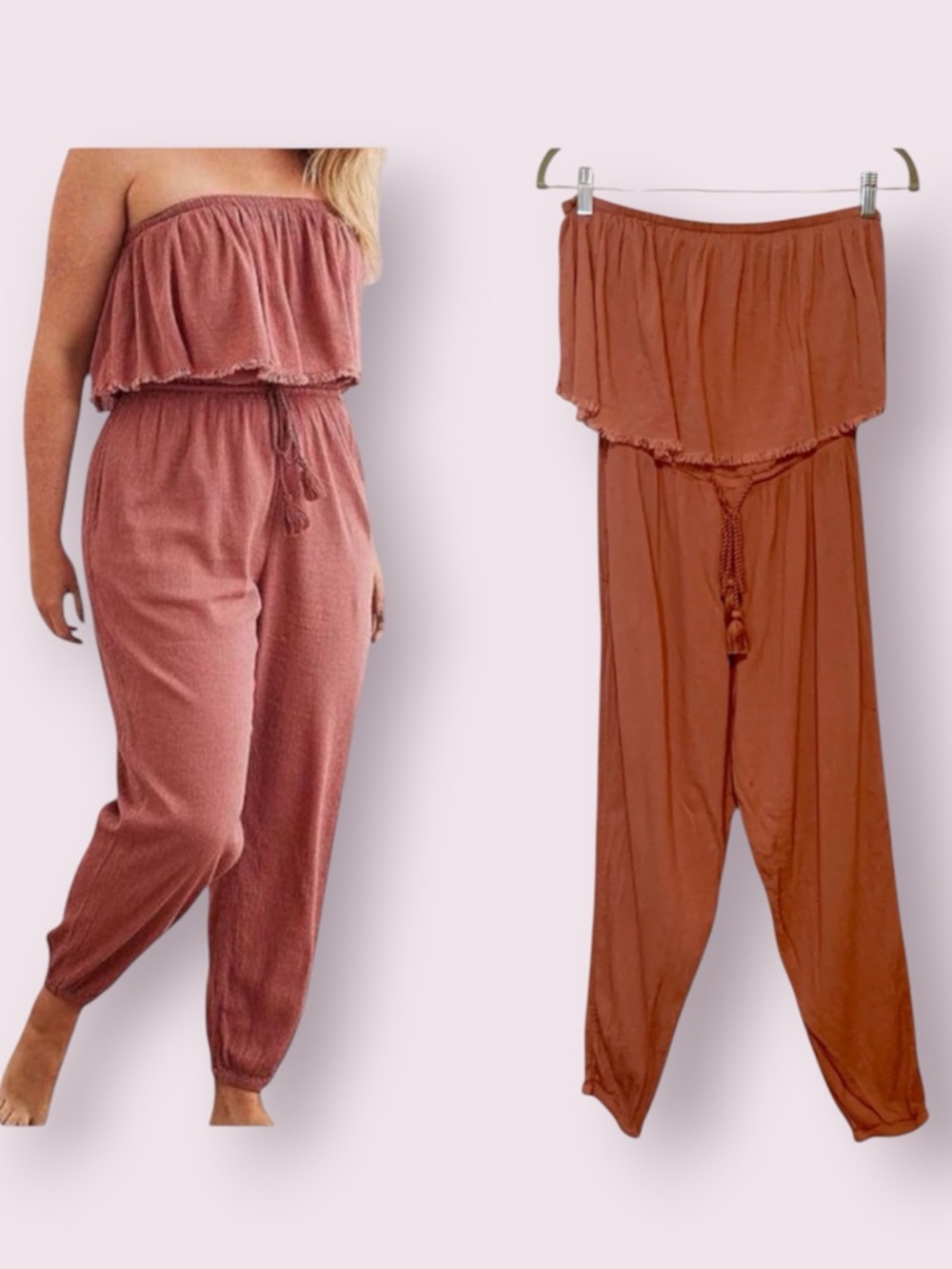 Aerie Strapless Jumpsuit Boho Crinkle Gauze Jogger Dusty Rose Size Small - Picture 2 of 10